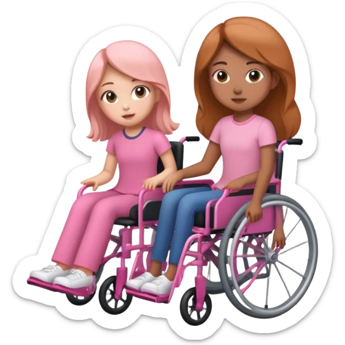 One peach skin sister pushing her light brown skin sister in a pink wheelchair sticker