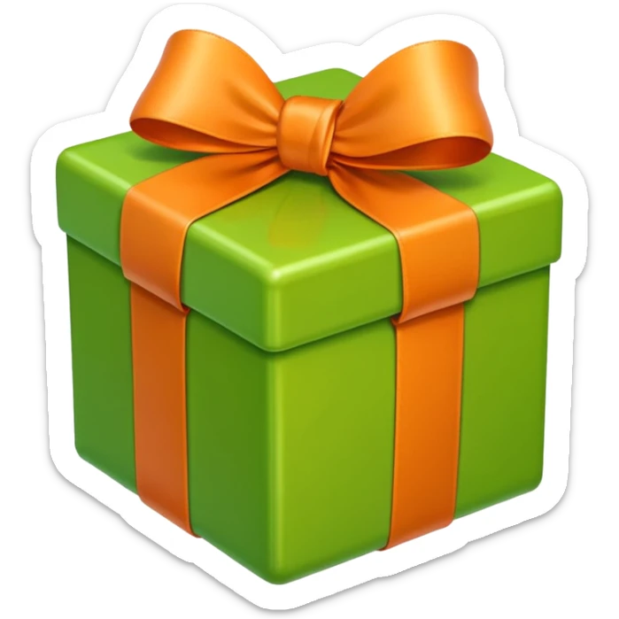 apple style emoji of a light green box with an orange bow and curled ribbon ends sticker