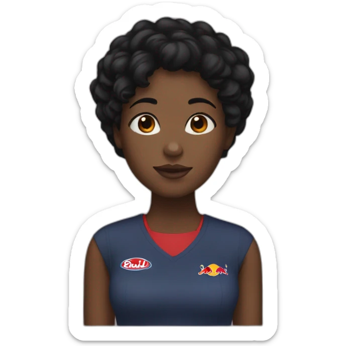 A black girl, brown eyes, short black hair with a red bull can sticker