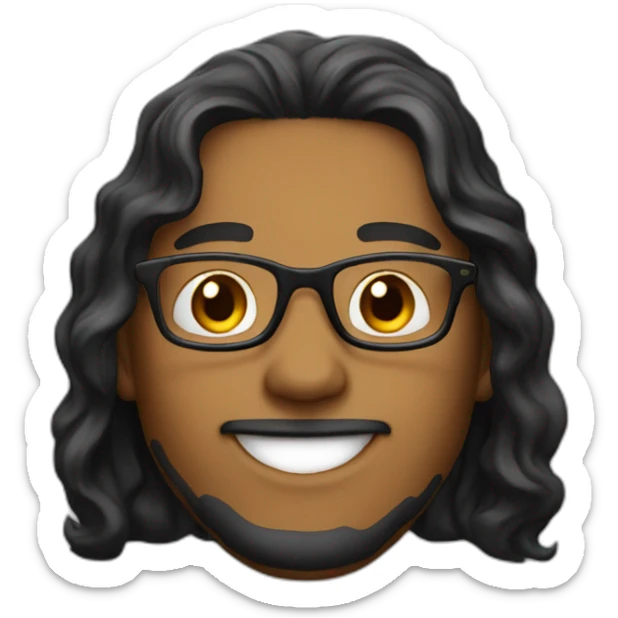 Caramel smiling guy, black eyes, black long wavy hair, no facial hair, thin long nose, round glasses, black t shirt sticker