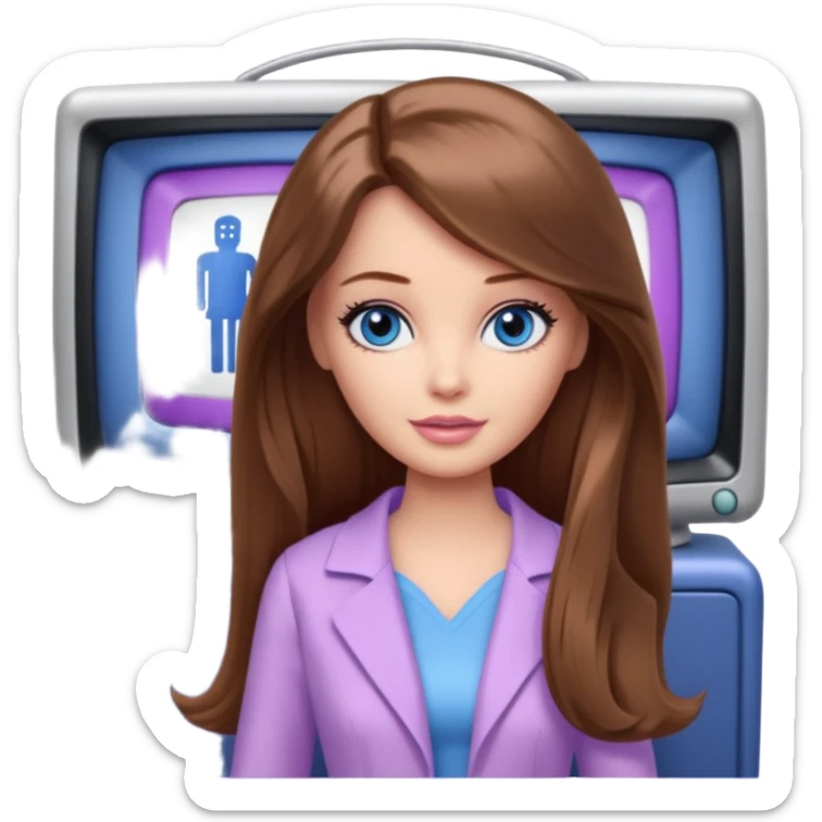 beautiful barbie girl with long brown hair, blue eyes and wearing light purple clothes watching tv show doctor who sticker