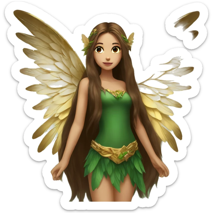 big wings, Beautiful, fairy, gold, brown, dark green, green, long hair sticker