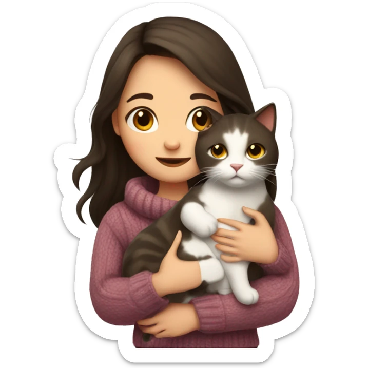 a girl with long dark brown hair, in a sweater, hugs a cat. sticker
