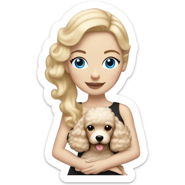 woman with straight blonde hair and blue eyes is holding a cream poodle  sticker
