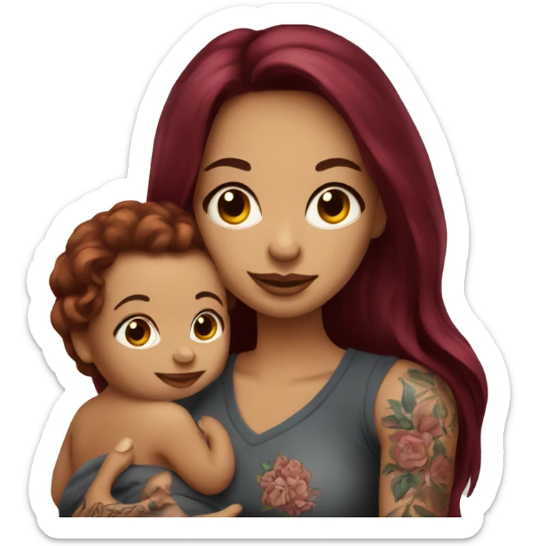 Beautiful tattooed burgundy long haired woman holding a baby sticker