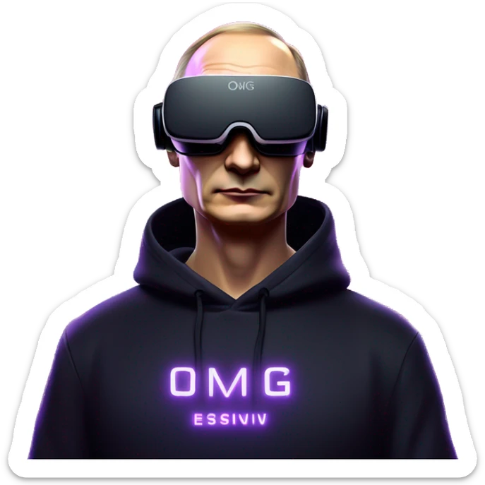 Vladimir Putin wearing a black hoodie with "OMG" letters on it and VR headset oculus quest 2 in a cyberpunk VR environment with violet neon lighting. sticker