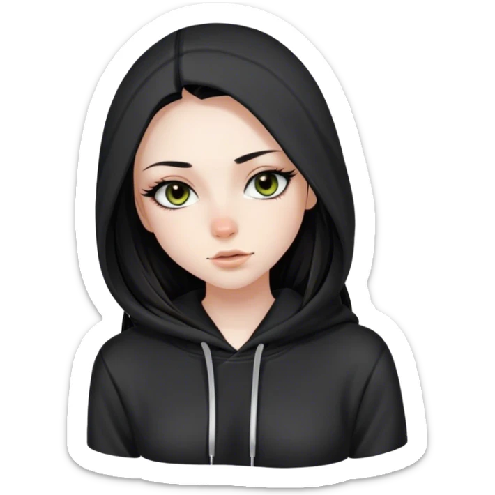 Girl with black long straight hair, lashes, hazel eyes, pale skin, nose peircing, black hoodie sticker
