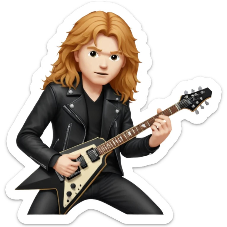 Dave mustaine from the band megadeth playing on his black Gibson flying v guitar large emoji leather jacket long redish blonde hair  sticker