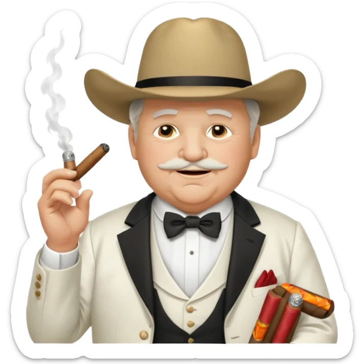 Create an emoji of an older, chubby man wearing an elegant all‑white suit with white waistcoat, white bow tie, and a large white cowboy hat. He is smirking confidently and holding a lit cigar in one hand in front of his chest. The character should look like a greedy, arrogant rich politician. sticker