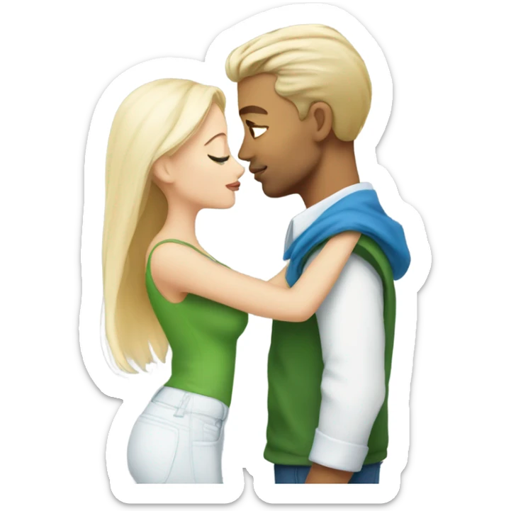 dirty blonde hair and blue eyes man sharing a kiss with platinum blonde hair green eyes woman sticker