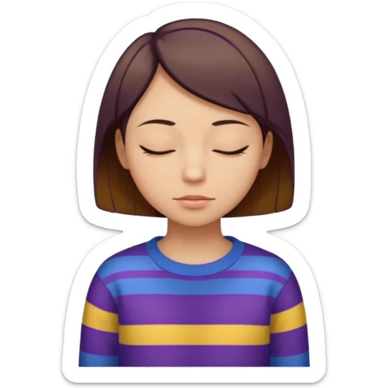 Humano de piel amarilla con los ojos cerrados y cara inexpresiva y pelo cafe corto al hombro con un suéter azul con rayas moradas  sticker