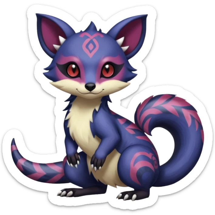 Rare warm-colored exotic gloomy tropical edgy cute epic aesthetic spooky indigo purple white black red gothic colorful Salandit-Furret-Espurr-Meowstic-Civet-species-Fakemon-hybrid-creature, with tribal tattoo markings, full body sticker