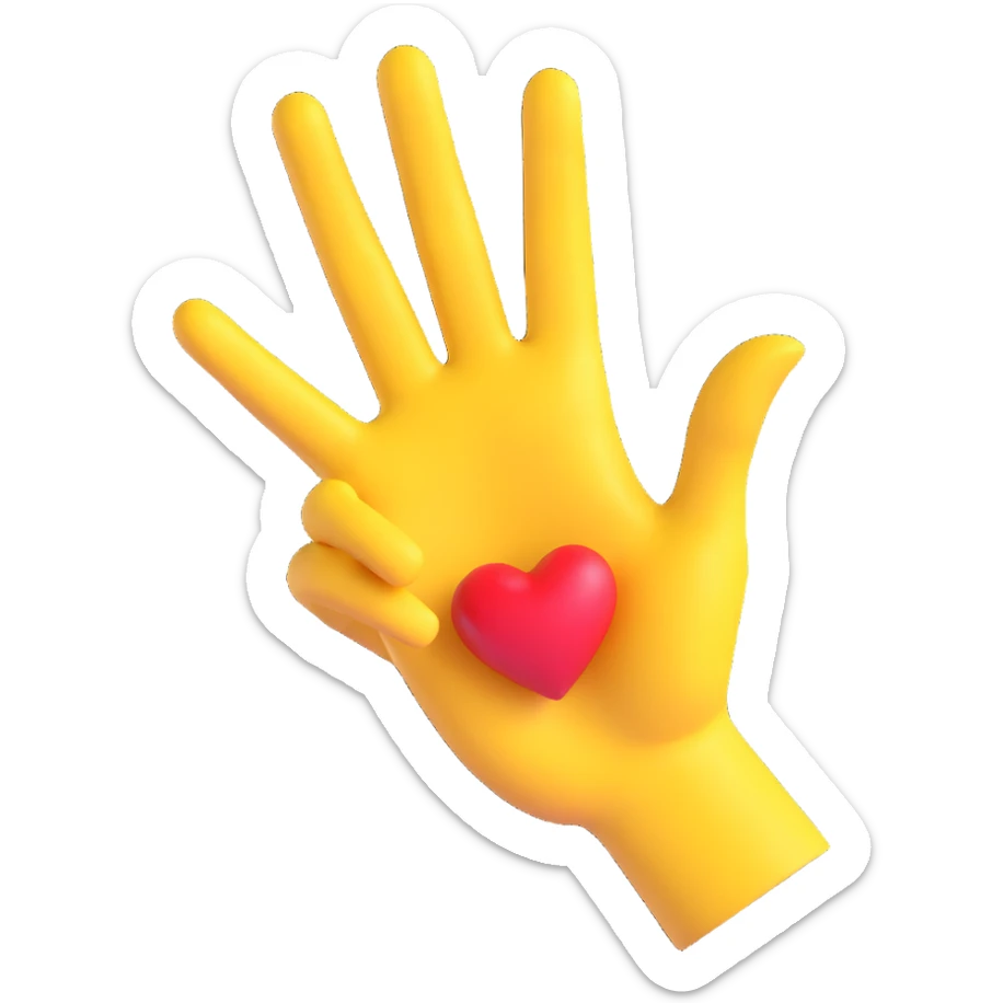 yellow hand making the 'OK' gesture, 3D emoji style, with a heart on the back of the hand sticker