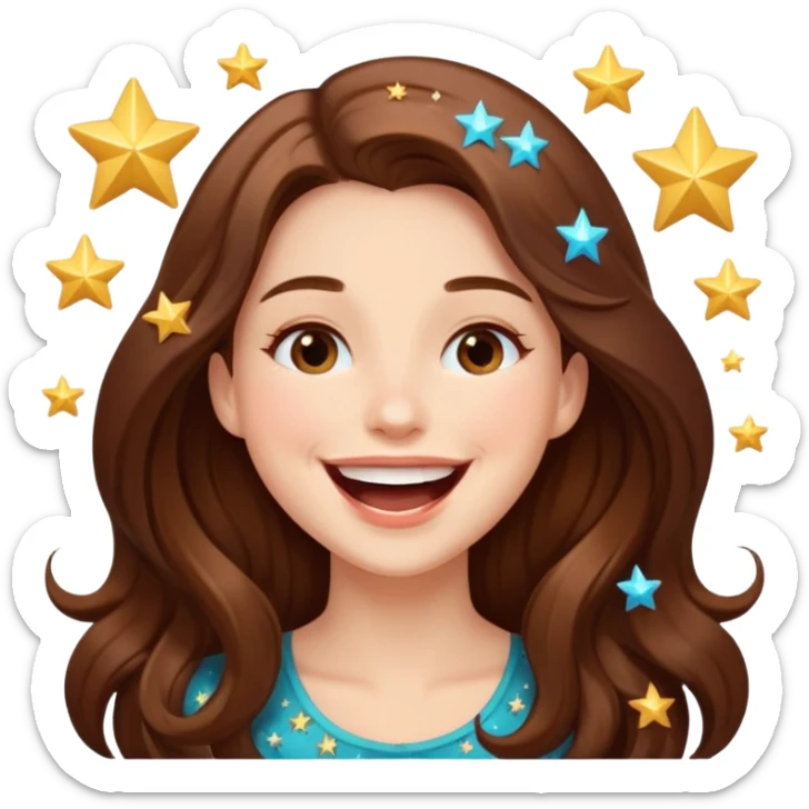 woman with long brown hair laughing with stars and sparkles, light beige sticker