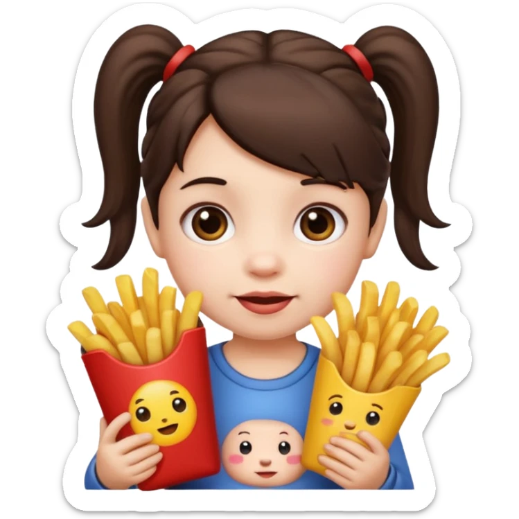 Toddler emoji with two pigtails dark brown hair, fair skin, holding French fries sticker