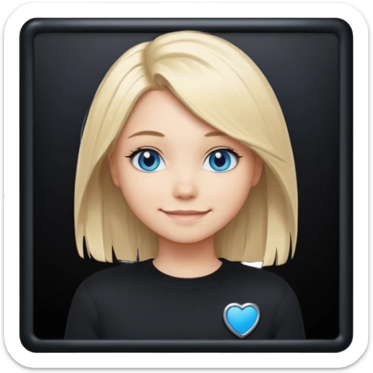 a new character a girl with shoulder length blonde hair wearing black clothes and wearing a cheeky smile she has blue eyes her black sweater has an emo style badge sticker