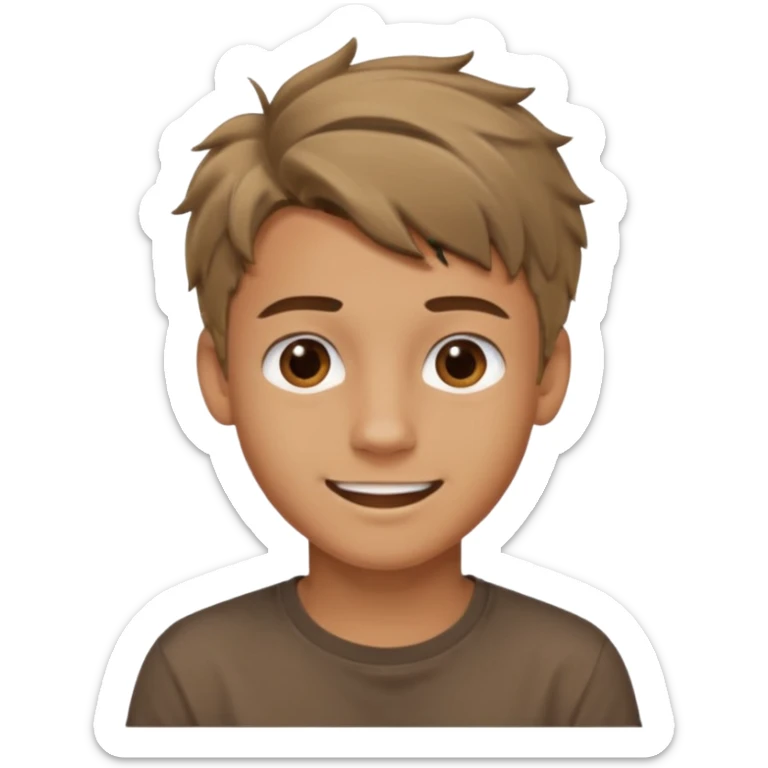 create an emoji of a teenage man, slightly tanned face, smile. he has an cool look, very very messy dark blonde hair, dark brown eyes, natural lips. he wears a short sleeve very brown shirt sticker