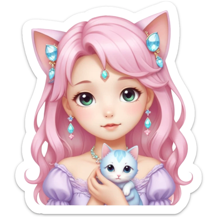 dreamy-pretty-elegant-kawaii-shiny-blushing-shy-pastel-lady-kawaii-beautiful-hair-naturecore-fairycore-cottagecore-jewels-trending-aesthetic -kitten sticker