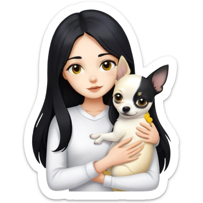 Fair skin girl - long black hair - white clothes - hugging a black, yellow and white Chihuahua sticker