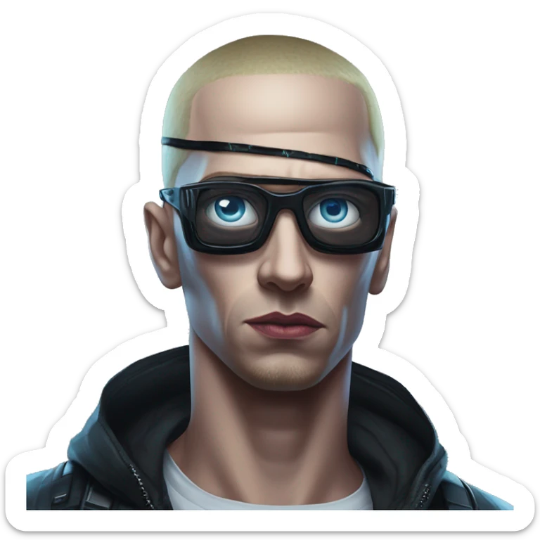 Cyberpunk Eminem in marvel style, oil paint, epic eyes, intricate lips, exquisite pose, beautiful, desirable, logical sticker