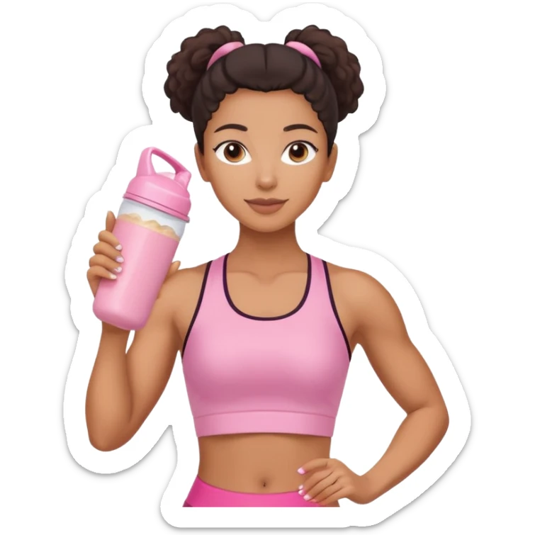 Mixed-race athletic woman with caramel skin, pastel pink shaker bottle and protein bar in hand, minimal background sticker