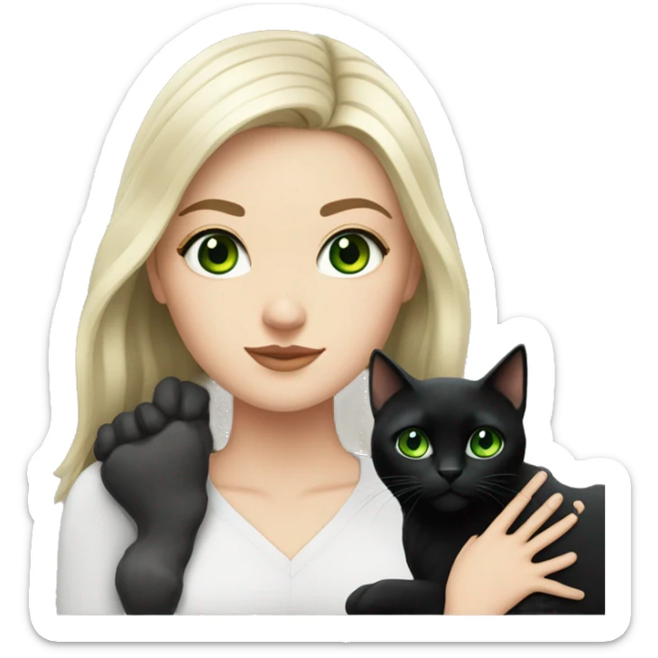 White girl with black hair with a black cat with green eyes  sticker