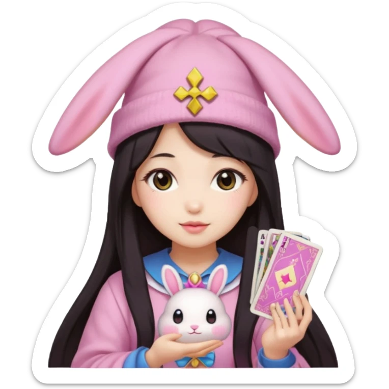 pixel art chibi asian girl with dark long hair in pink bunny hat magical girl with kawaii tarot cards thrown in air pixel emoji sticker