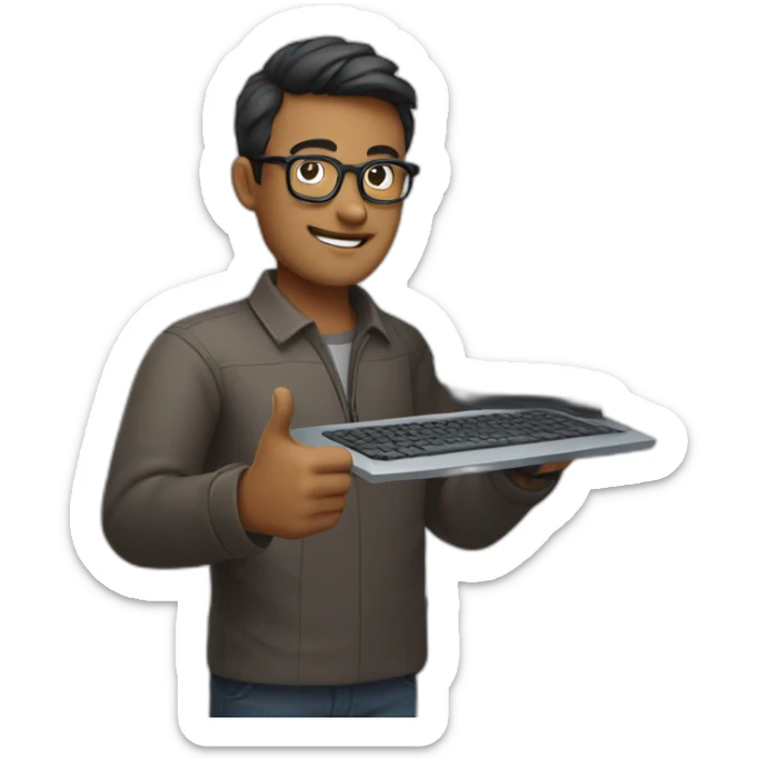 man wearing glasses and holding a computer in his right hand and signaling OK with his left hand sticker
