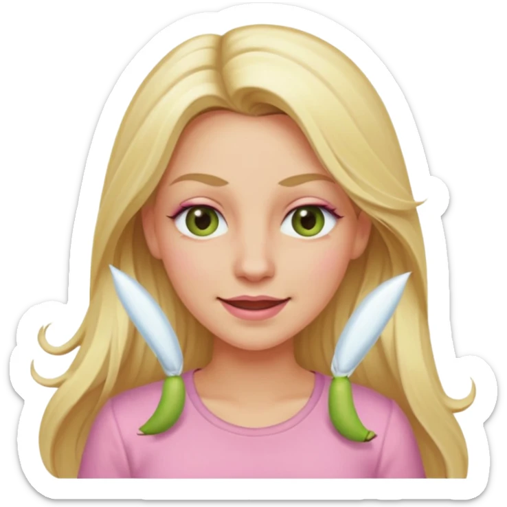 blonde with long hair and swamp-colored eyes, wearing a pastel pink shirt, winking, iOS Apple emoji style sticker