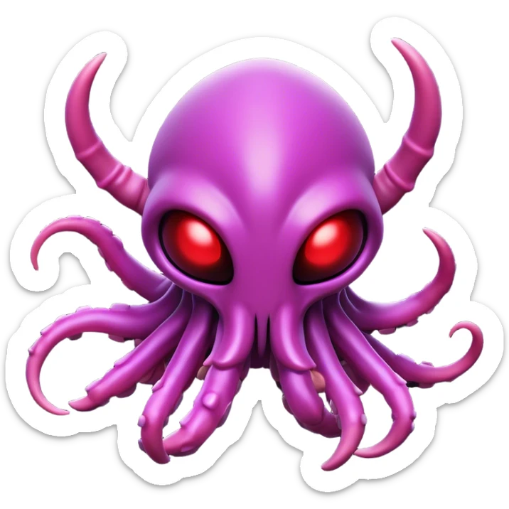 Clash of Clans aesthetic: Cinematic Playful Zerg Alien Emoji, rendered in a 3D vector-style similar to standard emojis with minimal shading and bold, simplified shapes. A compact, isometric, otherworldly creature with insectoid, organic details and subtle, eerie tentacles, softly glowing with a sinister alien charm. Simplified yet unmistakably iconic, highly detailed and consistent, glowing with a soft, spectral radiance and high shine. Stylized with a touch of bio-engineered mischief and a soft glowing outline, capturing the essence of a fearsome extraterrestrial menace with a playful twist! sticker