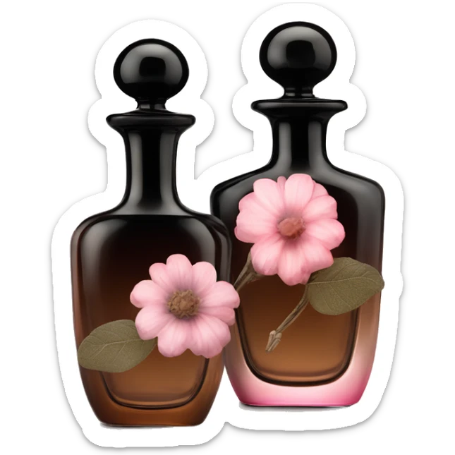 Two English vintage glass perfume bottles from my aristocratic grandmother, exquisite bottle shape, old and shabby, with label, stylish and minimalistic, black and brown with pink gradient, with little herbal and flowers  sticker