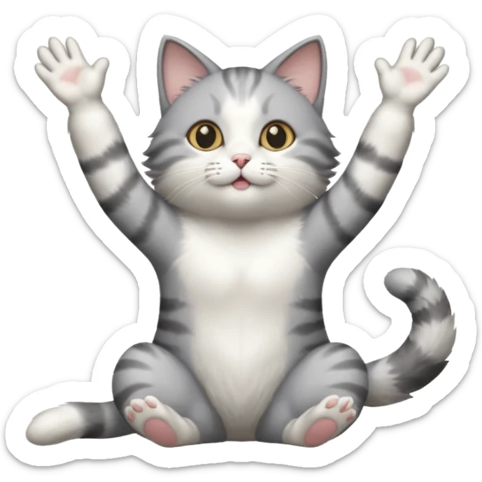 grey and white cat doing a big long stretch reaching up into the airwith arms together sticker