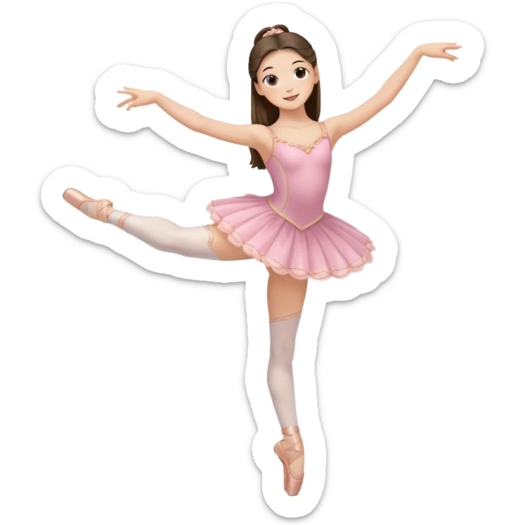 happy pretty white brunette teen long hair with hazel eyes in a ballet costume with one leg up sticker