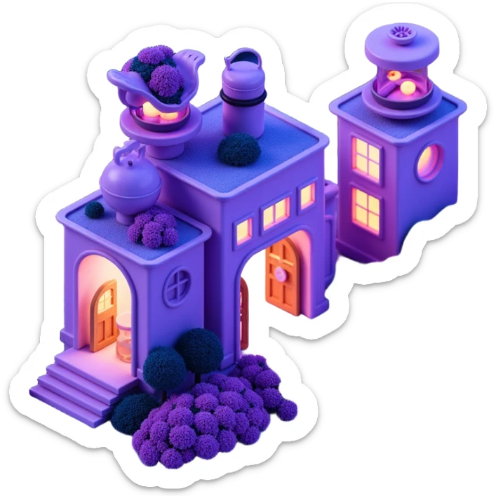 Whimsical jungle farm with cookie-factory-inspired buildings in vibrant purple and blue neon colors, surrounded by glowing plants, wheat fields and vegetables growing from luminous soil, magical atmosphere, surreal skeuomorphism style, robots sticker