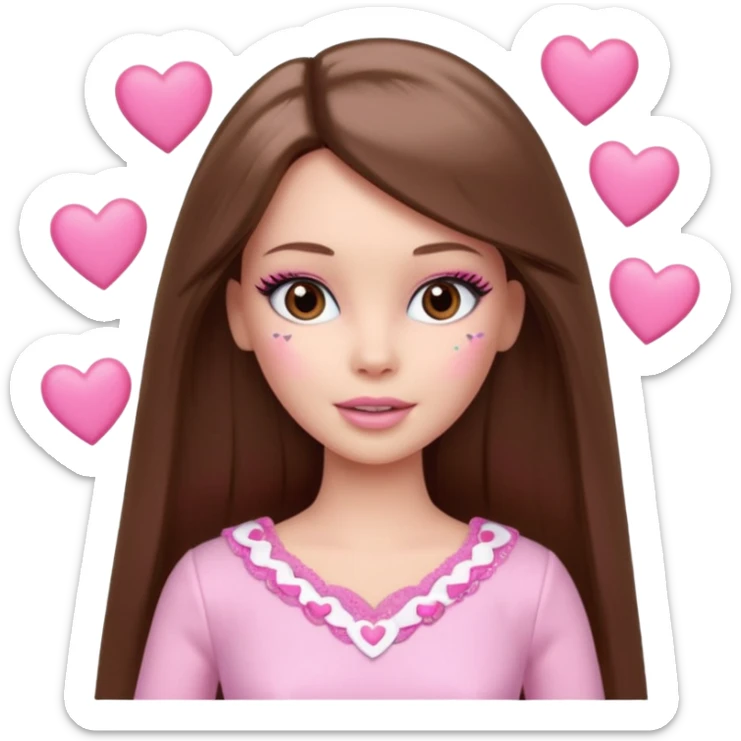 Barbie girl and  makeup , brown long straight hair and brown eyes is In pale pink clothes There are pink hearts all around sticker