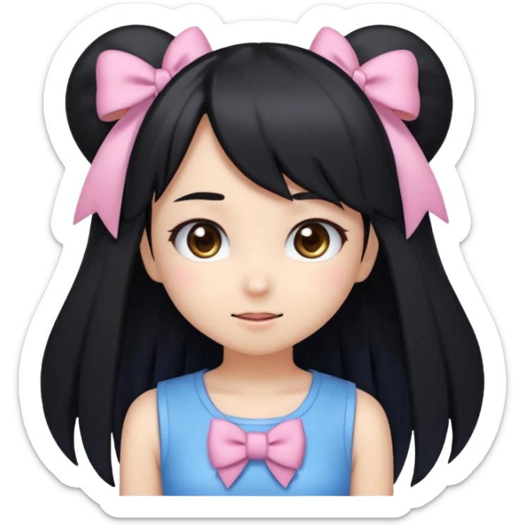 A kawaii-style emoji of a cute anime girl with long, straight black hair, with side bangs, big shiny brown eyes, and soft makeup. She has a small pink bow on her hair and is wearing a pastel blue top but with a Sonic the Hedgehog design printed on it (cute Sonic style). sticker