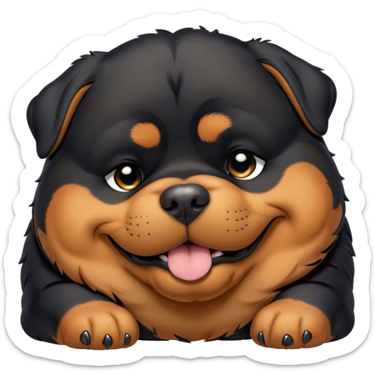 Cinematic Meme-Worthy Chubby Sleeping Rottweiler Portrait Emoji, Head resting peacefully with a contented smile, featuring a delightfully chubby build and a luxuriously soft black and tan fur, eyes shut in a serene nap, Simplified yet hilariously adorable features, highly detailed, glowing with a soft, drowsy light, high shine, relaxed and utterly lovable, stylized with an air of playful laziness, bright and endearing, soft glowing outline, capturing the essence of a comically sleepy guardian, so meme-worthy it feels like it could instantly become the next viral sensation of adorable slumber! sticker