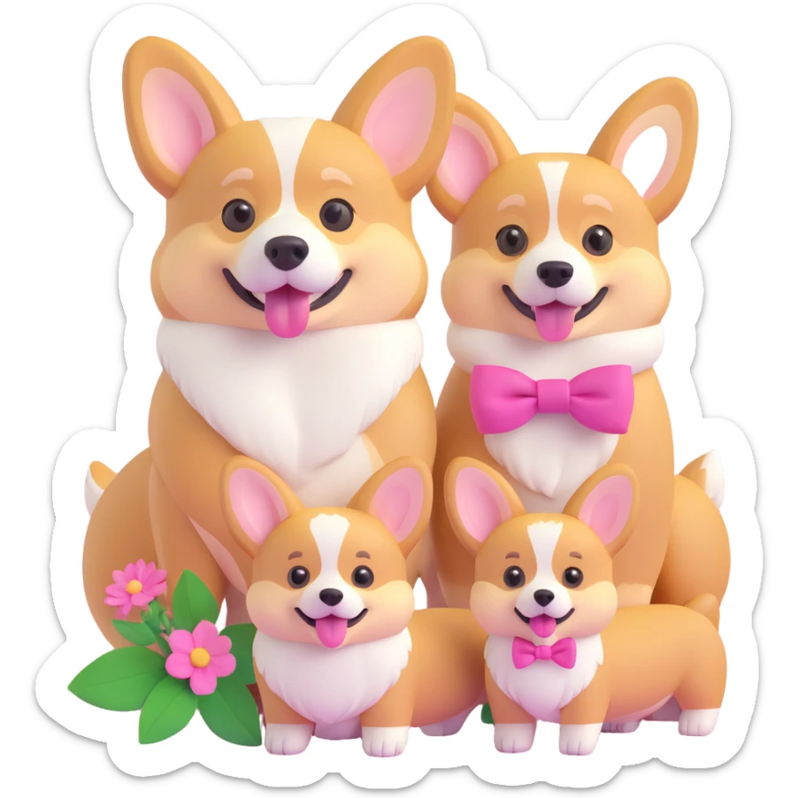 corgi family together: male, female with pink bow, and small puppy with flower, all looking happy sticker