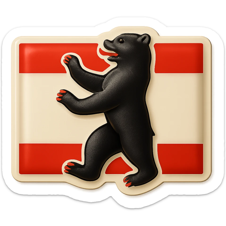 Create an emoji of the Berlin Bear, less cartoonish, with the Berlin flag as the background, no text. The style should be retro stickers style with clear and vibrant colors, maintaining the iconic features of the Berlin Bear but with a more realistic and less cartoonish look. sticker