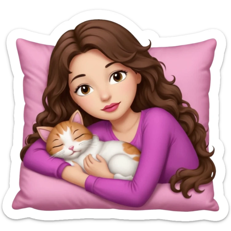 girl with long wavy brown hair, brown eyes, long lashes makeup, sexy pink lips, light to medium complexion,  sleeping on a cozy pillow, with 6 cats, sleeping sticker