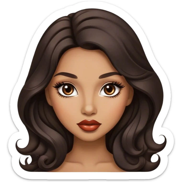 Glamourous, light brown skin tone, very beautiful woman, with big plump lips, long long lashes, black wavy long hair, brown eyes sticker