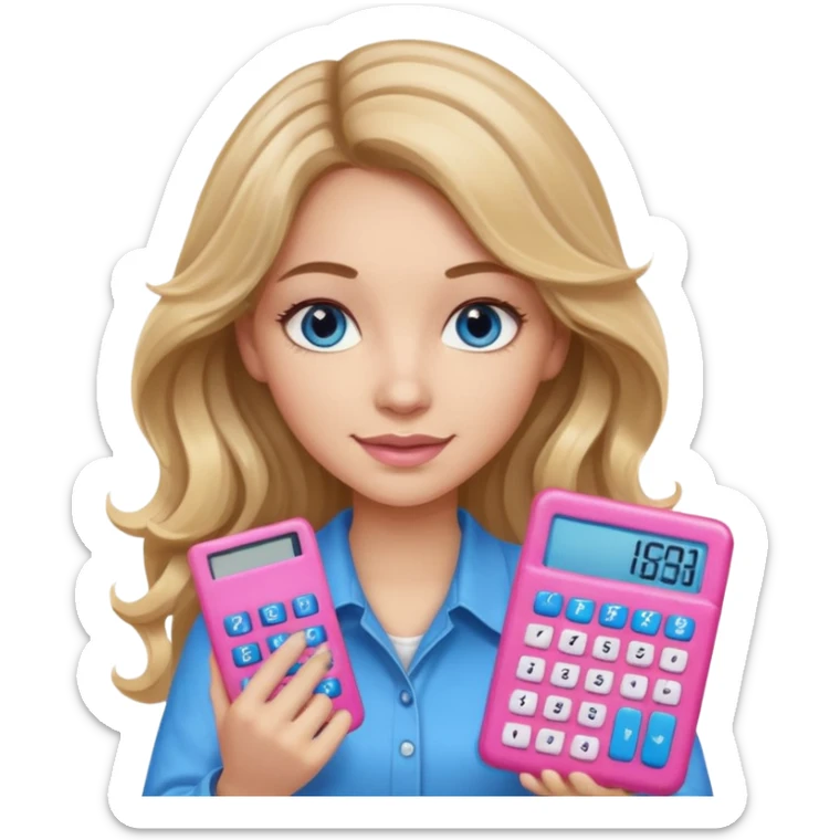 pretty female with long wavy brown hair with blonde highlights and blue eyes holding a pink calculator sticker