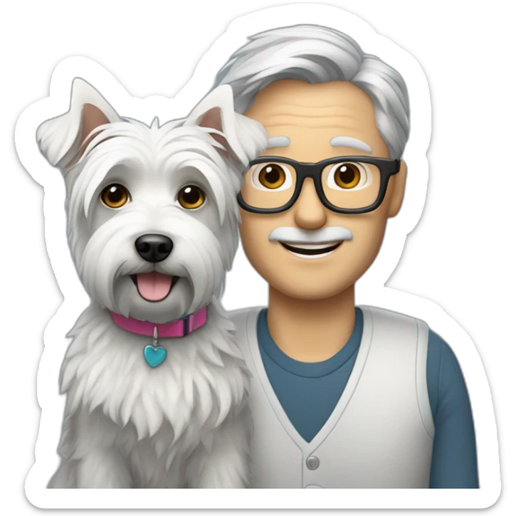 Gray hair man with glasses anda with westie dog girl sticker