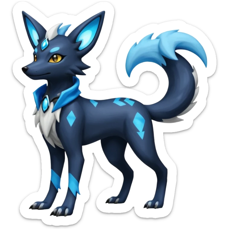 Shiny Dark Edgy Black And Blue Lycanroc-Umbreon-Salandit-Wolf-Fakémon-hybrid-creature (full body)  sticker