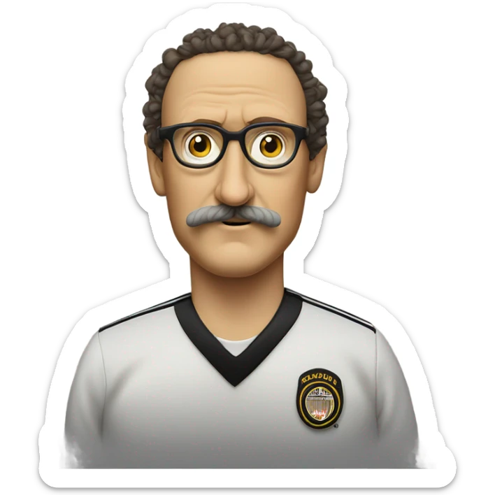 Weird Al Yankovic with glasses and a mustache without wrinkles, and wearing a referee shirt sticker