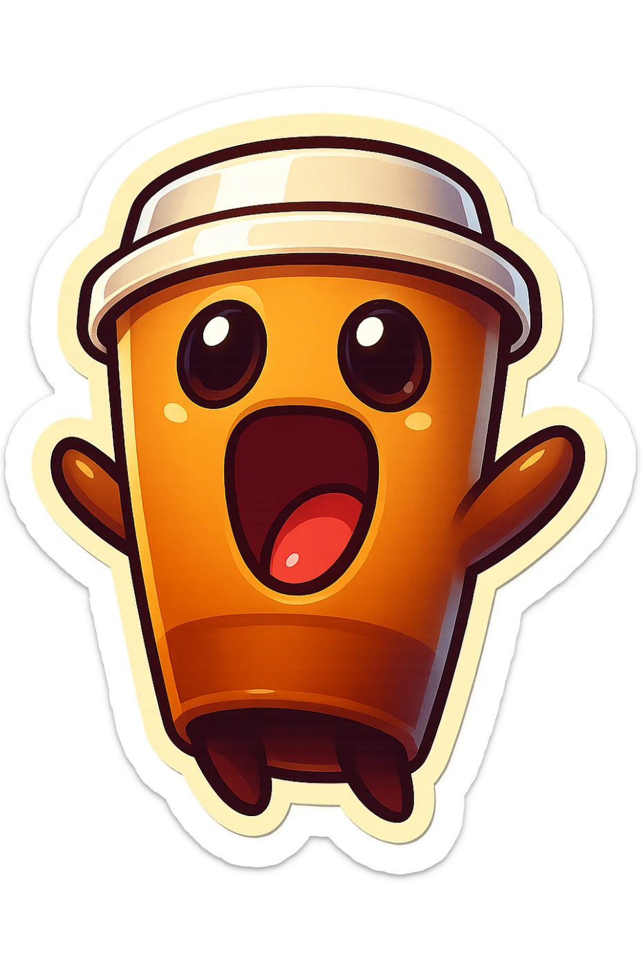 Tall coffee cup, wild, over the top, excited, big eyes, big mouth, screaming, tilted back sticker