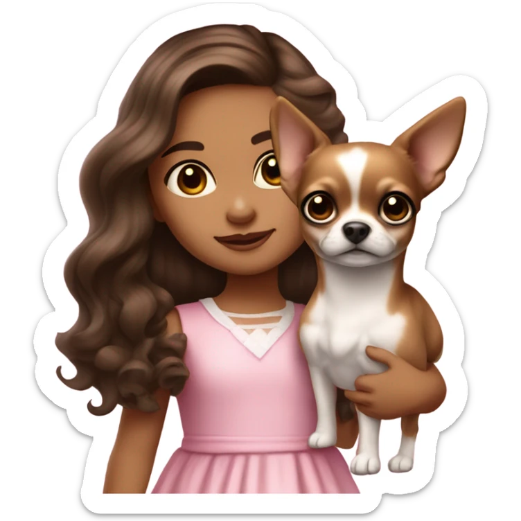 Little Girl with White skin, black eyes. Long brown wavy hair in a half up half down. She is wearing a pink and White dress, standing and holding on to a Chihuahua  sticker