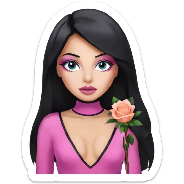 Glamours, tanned, very beautiful girl, with big pump peach-beige-rose lips, eyeliner, long lashes, black straight smooth silky long hair, straight parting hair, blue-grey eyes in pink bodysuit sticker