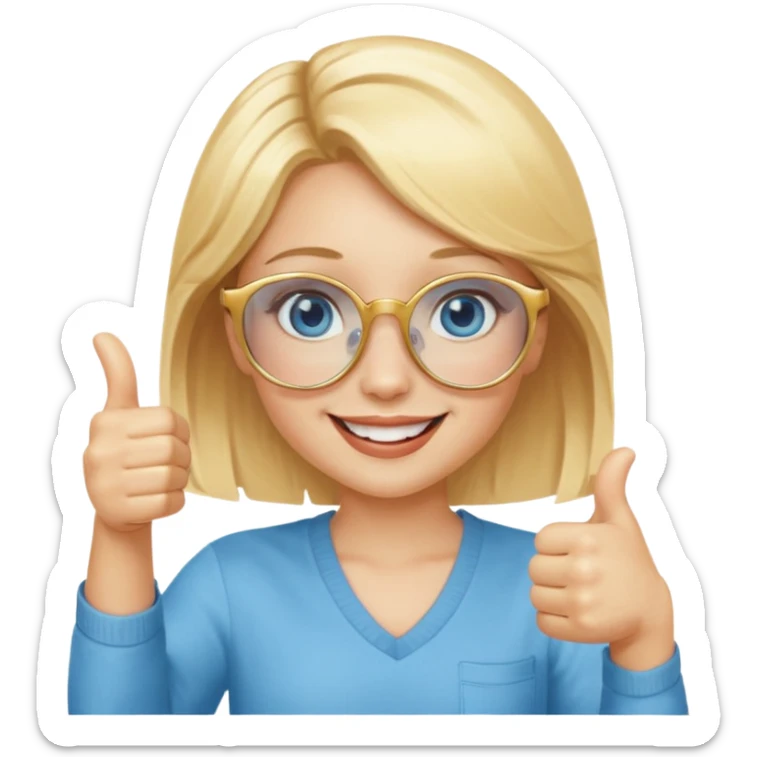 une fille blonde au yeux bleus avec des lunette dorée assez grande joyeuse avec un pouce lever sticker