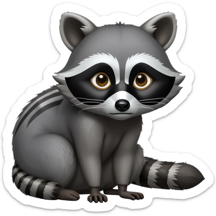 Cinematic-Raccoon-Realistic-hunched Full-Body on all fours-Emoji – Tail flicking lazily, head tilted dramatically, thick grey fur with a signature black mask, sharp and alert ears, simplified yet realistic focused features, highly detailed, glowing with an almost sarcastic glow. sticker